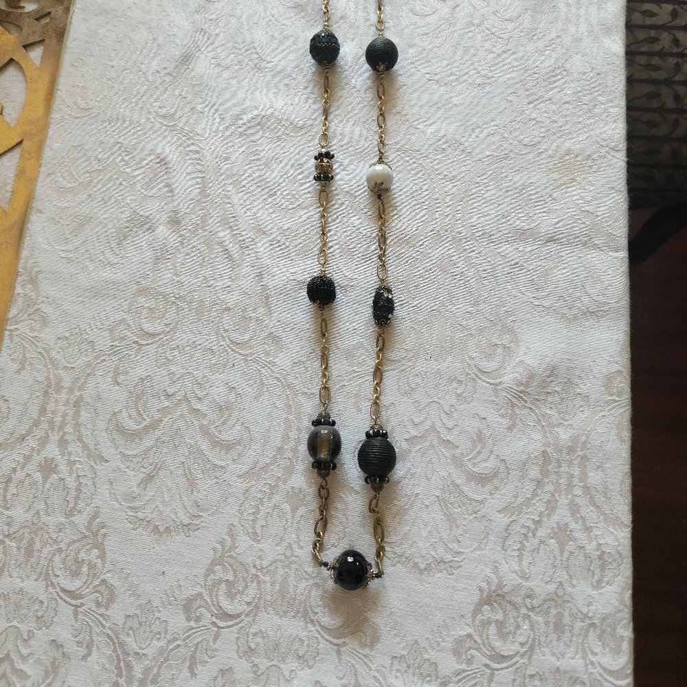 Bobbles in Black, Gold, White in a 22" Gold toned Necklace with Hook Clasp